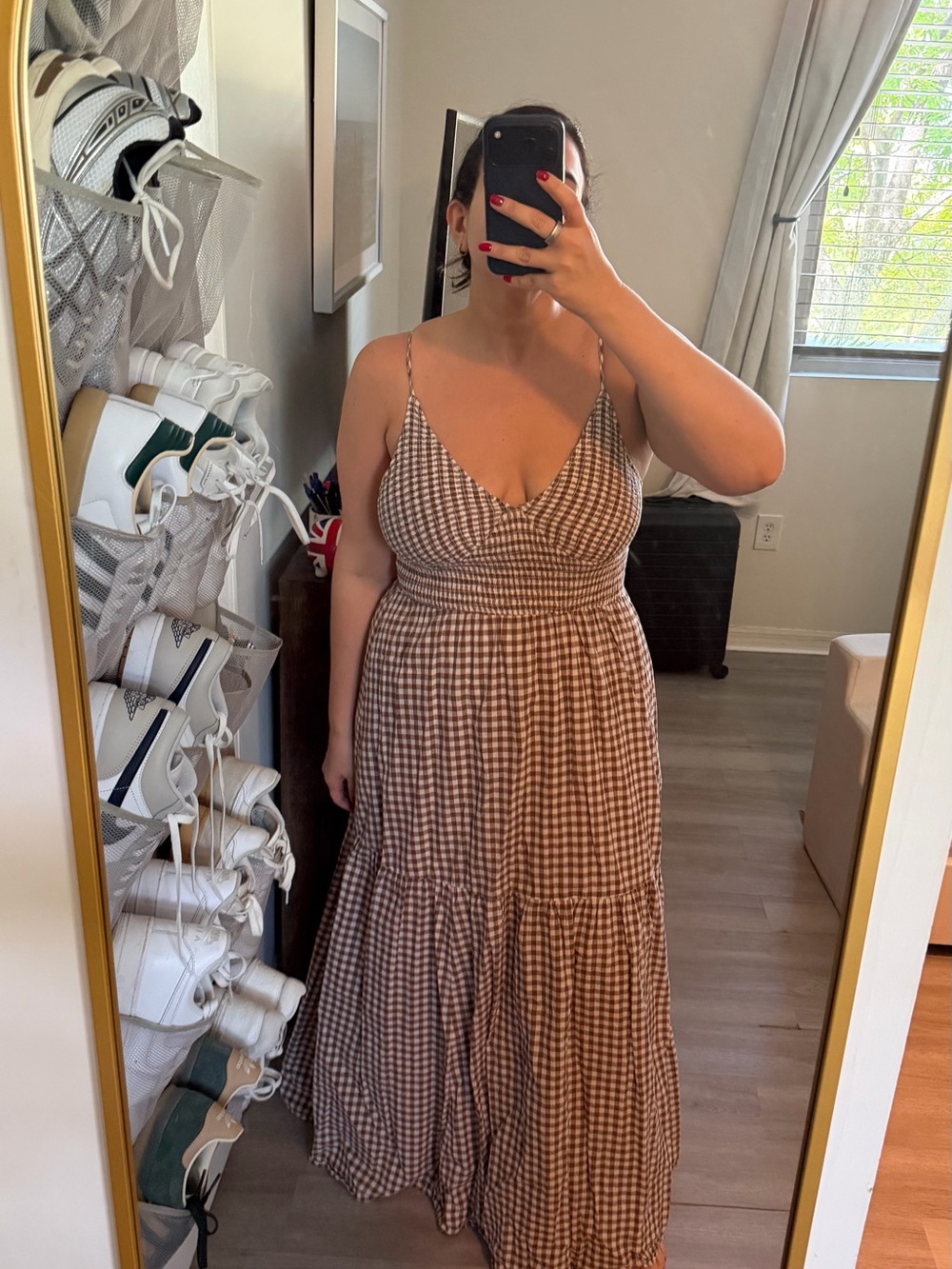 Kimchi Blue Brown Gingham Tiered Maxi Dress